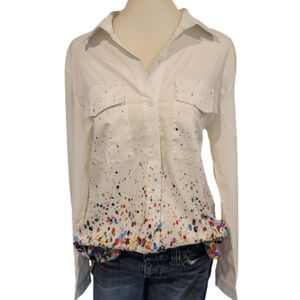 Belle Lily Long Sleeve Button Down Multcolor Paint Splatter Blouse Size M
